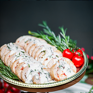 Rocambole de Frango ao Molho de Nata e Tomate Confit