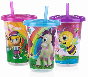 KIT COPOS NUBY DECORADOS C/ CANUDO 300ML C/03 UNIDADES