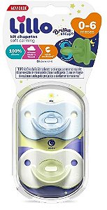 KIT CHUPETAS LILLO CALMING SOFT NIGHT 100% SILICONE TAMANHO 0+ - MENINO