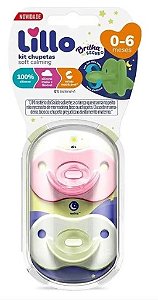 KIT CHUPETA LILLO CALMING SOFT NIGHT 100% SILICONE TAMANHO 0+ MENINA