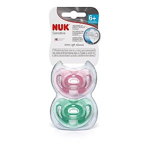 KIT COM 2 CHUPETAS NUK SENSITIVE SOFT 100% SILICONE 6+