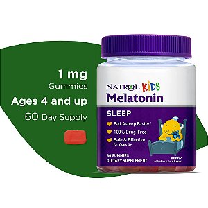 Natrol Kids Melatonin Sleep Aid Gummies, Ages 4 and Up, Drug-Free, Berry, 1mg, 60 gomas