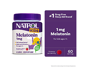 Natrol Kids Melatonin, Sleep Gummies for Children, Raspberry Flavor, 1mg, 60 Count