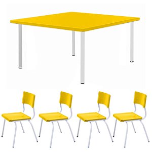 Conjunto Quadrado c/ 04 Cadeiras COR AMARELO – TAMPO PLÁSTICO – 06 a 09 Anos – JUVENIL – 44005