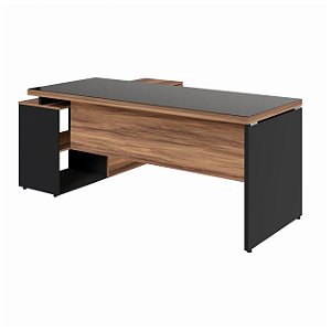 Mesa de Escritório Diretor em 'L' com Vidro Fumê - 1,90x1,50 - Nogal Sevilha/Preto - 21428 - Casa das Cadeiras