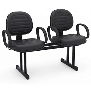 Longarina Para Recepção Executiva Costurada Estofada Courvin Preto 02 Lugares Com Braços Fixos - 01444 - Casa das Cadeiras Goiânia