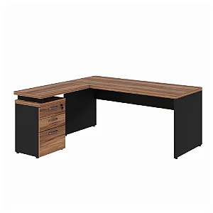 Mesa de Escritório em "L"  (1,50x0,60) + Mesa Auxiliar com Gaveteiro (0,90x0,45) Nogal/Preto - 49768 - Casa das Cadeiras Goiânia