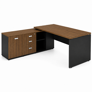 Mesa DIRETOR Com Armário Lateral em L (1,95x1,60) Nogal/Preto - 98534 - Casa das Cadeiras Goiânia