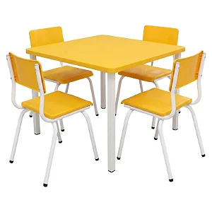 Conjunto Coletivo Escolar Quadrado Amarelo com Mesa Quadrada + 4 Cadeiras – JUVENIL (06 a 09 anos) – 76588 - Casa das Cadeiras Goiânia