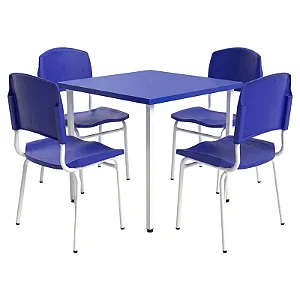 Conjunto Coletivo Escolar Quadrado Azul com Mesa Quadrada + 4 Cadeiras – ADULTO – 76603 - Casa das Cadeiras Goiânia