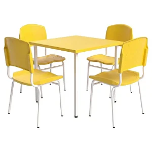 Conjunto Coletivo Escolar Quadrado Amarelo com Mesa Quadrada + 4 Cadeiras – ADULTO – 76604 - Casa das Cadeiras Goiânia