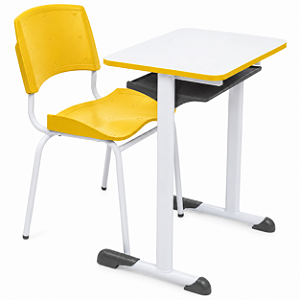 Conjunto Escolar Individual Retangular Tampo de MDF Amarelo – ADULTO – 77687 - Casa das Cadeiras Goiânia
