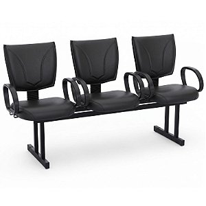 Longarina Para Recepção B-One Costurada – 03 Lugares – Com Braços Fixos Corsa – Courvin Preto - 67439 - Casa das Cadeiras Goiânia