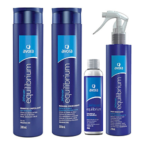 Kit Shampoo 300ml + Condicionador 300ml + Spray Defrizante 200ml + Concentrado Multivitamínico 60ml Equilibrium Avora