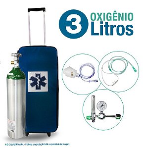 Kit Oxigênio Portátil 3 Litros Bolsa Azul com Rodinhas Sem Carga-(imagem ilustrativa cilindro pode ser todo verde)