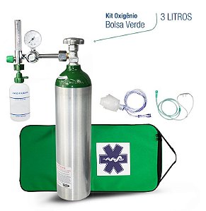 Kit oxigênio Portátil 3 Litros Alumínio com Bolsa Verde (SEM CARGA)-(imagem ilustrativa cilindro pode ser todo verde)