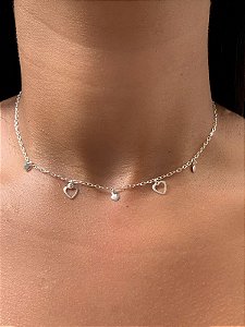 Choker de prata 3 corações maciços e 2 grandes vazados