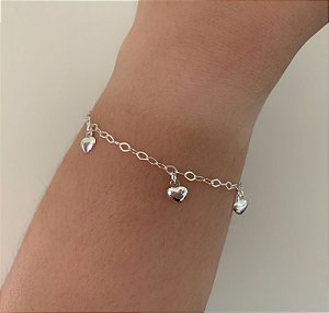 Pulseira de prata 5 corações lisos