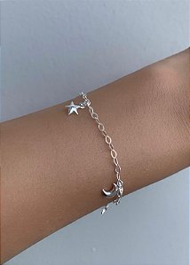 Pulseira de prata estrelas e luas