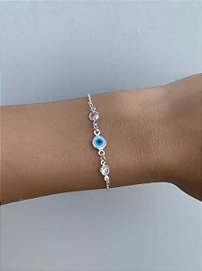 Pulseira de prata elo cadeado com 2 zircônias e olho grego
