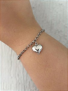 Pulseira de aço elo português com coração médio