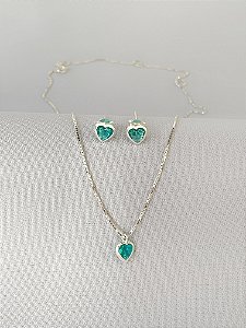 Conjunto de prata coração verde turmalina com borda
