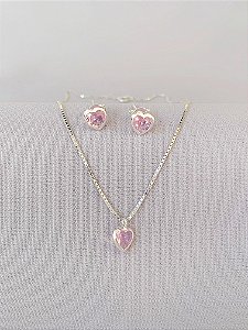 Conjunto de prata coração rosa claro