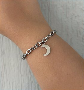 Pulseira de aço cadeado grosso pingente lua