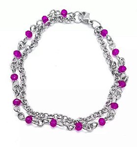 Pulseira de aço dupla bolinhas roxas