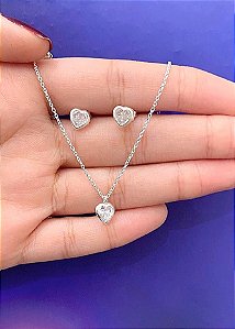 Conjunto de prata coração cristal com borda