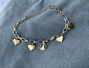Pulseira de aço corações e nossa senhora aparecida