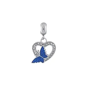 Berloque de aço coração cravejado com borboleta azul