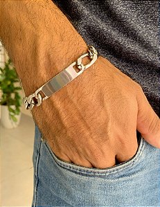 Pulseira de aço masculina corrente elo 3x1 com placa