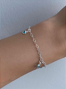 Pulseira de prata corações zircônias azuis