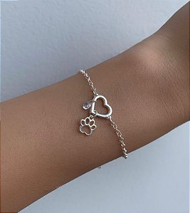 Pulseira de prata coração, patinha e zircônia