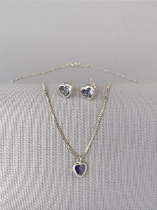 Conjunto de prata coração lilás com borda