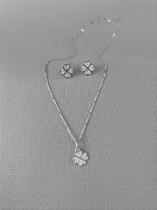 Conjunto de prata trevo cravejado