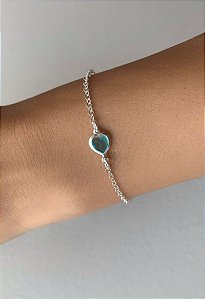 Pulseira de prata coração cristal azul