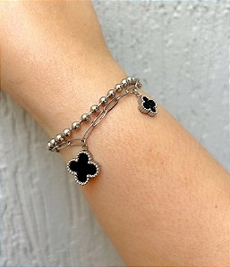 Pulseira de aço dupla trevos pretos