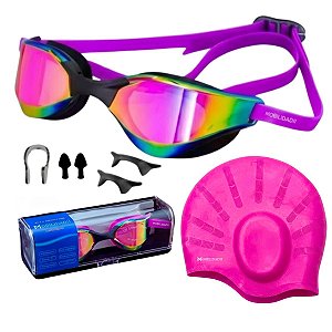 Óculos Natação Profissional antiembaçante Espelhado Pink + Touca Silicone impermeavel