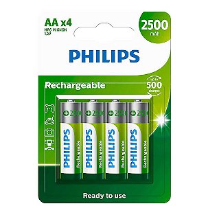 Pilha Recarregável AA Philips 2500mah R6B4RTU25/59 1.2v com 4 Unidades