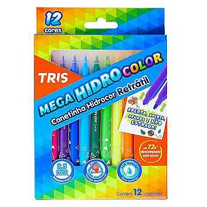 Caneta hidrográfica retrátil - 12 cores - Mega HidroColor Tris