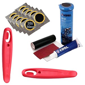 Kit Remendo Câmara Ar Bike + 10 Reparo 2 Espátulas Vermelha