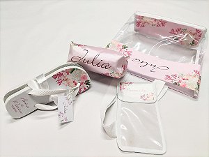 Kit bolsa de praia, necessarie, porta protetor e chinelo personalizados