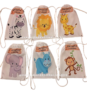 Mochilinha em tecido - Personalizadas  - tema Safari  -  12 Unidades