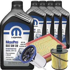 Kit Revisão Troca De Óleo 5w30 Mopar MaxPro Filtros De Ar Oleo Combustível Toro Renegade Compass 2.0 Turbo Diesel
