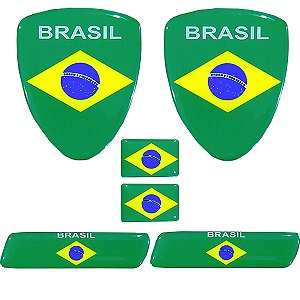 Kit Adesivo Emblema Resinado Escudo Bandeira Brasil Coluna Lateral Placa - 6 Peças