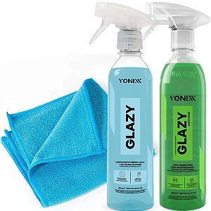 Kit Limpa Limpeza De Vidros Interno Externo Vonixx Glazy + Anti Fog Embaçante + Microfibra 30x30