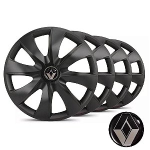 Jogo calotas esportivas Elitte Prime Fosco Black aro 14 emblema Renault - Clio Logan Sandero Symbol - LC233