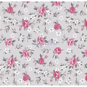 Tricoline Floral Cinza Com Rosa Cor 00015 100%Algodão Tt180355